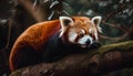 Red panda sitting on branch, staring ahead generated by AI