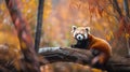 a red panda sitting on top of a fallen tree branch