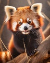 A red panda is sitting on a tree branch and looking at the camera.