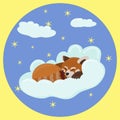 Red panda sleeps on a cloud against a starry blue sky with clouds in a round frame. Royalty Free Stock Photo