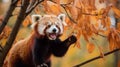 A red panda standing on top of a tree branch