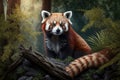 Red panda in summer forest, portrait of wild animal in wood, generative AI