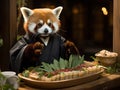 Red panda waiter serving sushi in bamboo forest