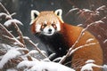 Red panda in winter forest, portrait of wild animal on snow, generative AI