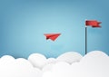 Red paper airplanes flying to red flag on blue sky and cloud Royalty Free Stock Photo