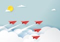 Red paper airplanes teamwork flying on blue sky and cloud Royalty Free Stock Photo