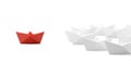 Red paper boat in front of group of white paper boats over white background, leader, team or business management or direction Royalty Free Stock Photo