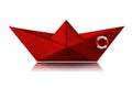 Red paper boat with ring buoy isolated on white background Royalty Free Stock Photo