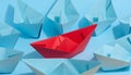 A red paper boat stands in front of a group of blue paper boats, a confrontation