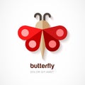 Red paper butterfly, vector logo template. Abstract flat icon. D