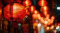 red paper chinese lanterns on the evening festive street, Chinese new year, banner Royalty Free Stock Photo