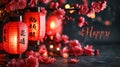 red paper Chinese lanterns with inscriptions hanging on blooming meihua plum for happy Chinese New Year, banner