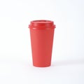 Red paper cup of coffee or tea on a white background. Mock up. Front view mockup of empty polystyrene coffee mug. Take away