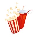 Red paper cup for soda, juice or soft drinks. Flying popcorn in striped box. Fast food. Cartoon vector illustration.