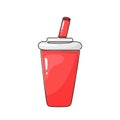 Red paper cup with straw and lid, color drawing with black one continuous line. Sketch icon of plastic glass for drink, cola, soda Royalty Free Stock Photo