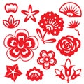 Red paper cut flowers china vector set design