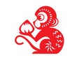 Red paper cut a monkey zodiac symbols (monkey holding peach) Royalty Free Stock Photo