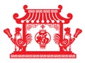 Red paper cut twin rooster chicken hole fan and lantern in china door zodiac symbols