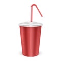 Red paper disposable cup with lid and drinking straw for cold beverage -soda, ice tea or cocktail, Realistic packaging mockup Royalty Free Stock Photo