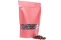 Red paper doypack stand up pouch with window zipper filled with coffee beans on white background Royalty Free Stock Photo