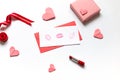 Red paper envelope with white blanks with lipstick kisses and pink hearts. Valentine\'s day concept card. Royalty Free Stock Photo