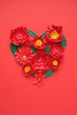 Red paper flowers, floral background, bridal bouquet, wedding, quilling, Valentine`s day greeting card, heart shape Royalty Free Stock Photo