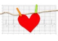 Red paper heart hanging on the clothesline on electrocardiogram. Royalty Free Stock Photo