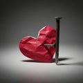 Red Paper Heart Impaled on a Rusty Nail on a Neutral Background with a Dramatic Lighting Setup and Intricate Textures, Evoking Royalty Free Stock Photo