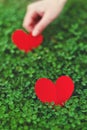 Red paper hearts in green clover