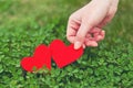 Red paper hearts in green clover