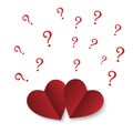 Red paper hearts with Question mark isolated on white background. What is love? Royalty Free Stock Photo