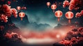 Red paper lanterns in Asian style, red flowers against the background of Asian nature, silhouettes of mountain peaks Royalty Free Stock Photo