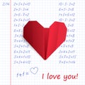 Red paper origami heart in exercise book on mathematics Royalty Free Stock Photo