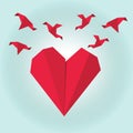 Red paper origami heart with flying origami birds on gradient background Royalty Free Stock Photo