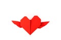 Red paper origami heart with wings on white background . Royalty Free Stock Photo