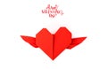 Red paper origami heart with wings on white background . Royalty Free Stock Photo