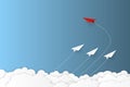 Red paper plane changing direction new idea different business concept paper art cut style vector illustration