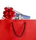 Red paper shopping bag and gift box isolated on white background Royalty Free Stock Photo