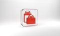 Red Paper shopping bag icon isolated on grey background. Package sign. Glass square button. 3d illustration 3D render Royalty Free Stock Photo