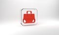 Red Paper shopping bag icon isolated on grey background. Package sign. Glass square button. 3d illustration 3D render Royalty Free Stock Photo