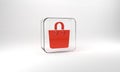 Red Paper shopping bag icon isolated on grey background. Package sign. Glass square button. 3d illustration 3D render Royalty Free Stock Photo