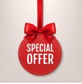 Red Paper Special Offer Label With Silk Ribbon Royalty Free Stock Photo