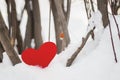 Red paper Valentine hearts on snow. Valentine`s day gift