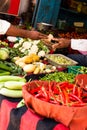 Red paprica in traditional vegetable market in India.