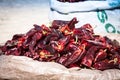 Red paprica in traditional vegetable market in Morocco