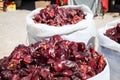 Red paprica in traditional vegetable market in Morocco