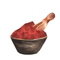 Red paprika powder in a ceramic bowl with wooden scoop. Kitchen clipart. Spices. Hand-drawn watercolor illustration