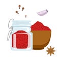 Red paprika powder in wooden bowl and glass jar. Colorful cartoon illustration