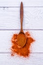 Red paprika powder in a wooden spoon - Red powdered pepper