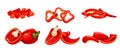 Red paprika set, whole organic vegetable, sweet bell pepper cut in half, slices and rings